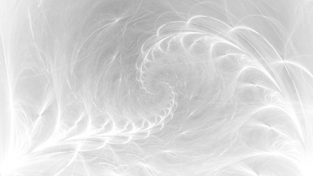 White abstract ethereal wispy smoke tendrils wallpaper background. Elegant minimal subtle light grey glowing smoky nautilus spiral swirls banner backdrop. Ghostly cosmic strings fractal 3D renderingの写真素材