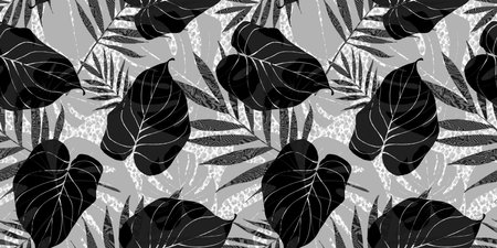 Seamless tropical jungle palm leaf and Monstera leaves background. Grayscale overlay. Retro Hawaiian shirt foliage repeating pattern with subtle leopard print and zebra stripes textureの写真素材