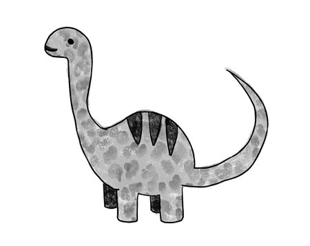 Brontosaurus or brachiosaurus hand drawn black and white high contrast dinosaur silhouette clipart isolated on white background. Watercolor and crayon cute cartoon art baby dino design elementの写真素材