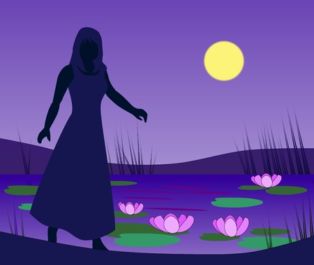 A girl walks by a lily pond   in the moonlight. の写真素材