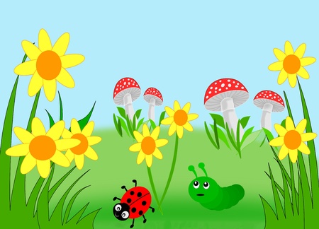 Meadow with yellow flowers, mushrooms, a ladybug and a caterpillar.の写真素材