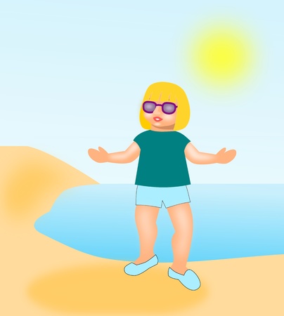 A little girl with sunglasses standing and smiling on the beach .の写真素材
