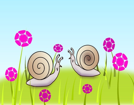 Two meeting snails in a flower meadow の写真素材