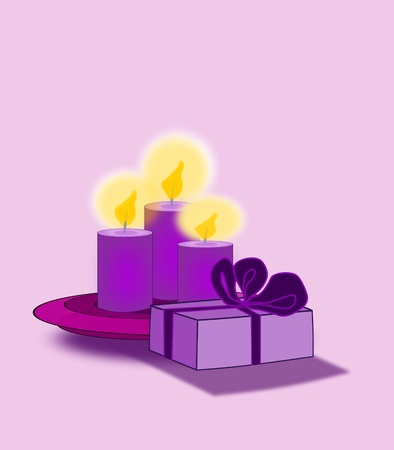 A gift package wrapped in purple paper and three purple candles.の写真素材