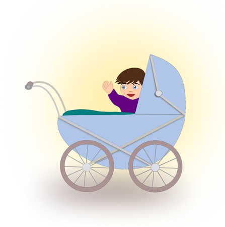 Happy baby sitting in an   old-fashioned blue baby stroller.の写真素材