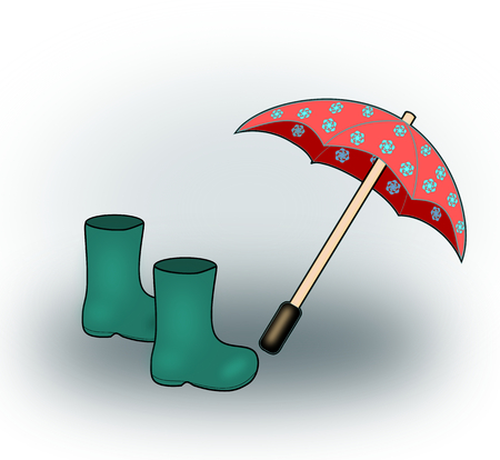 A floral umbrella and a pair of green rubber boots の写真素材