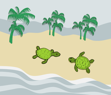 Two green turtles on a sand beach by the sea.の写真素材