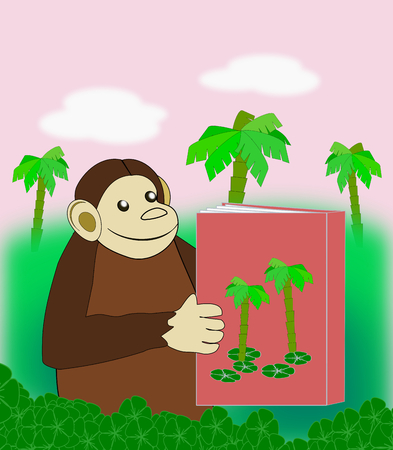 A funny monkey reading a book in the jungle.の写真素材