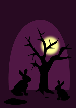 Two Rabbits and a Tree in the Moonlightの写真素材