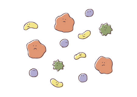 Hand drawn color illustration of various bacteria and viruses (angry face)のイラスト素材