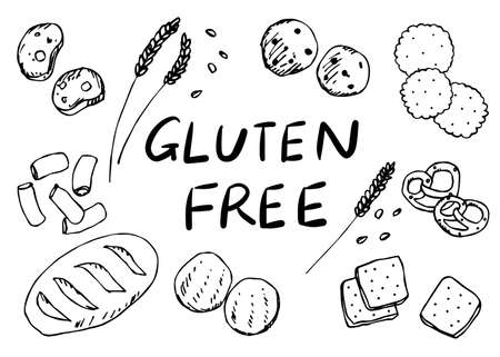 Hand drawn illustration of gluten-free food (cookies, bread, pasta, crackers, biscuits)のイラスト素材