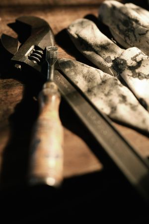 tools on wood tableの写真素材