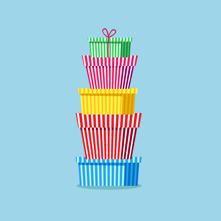 Striped gift boxes, gift wrap, presents, gifts stacked up. Vector illustration. Element for New Year, Christmas and Birthdays design, postcards.のイラスト素材