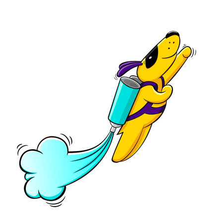 Super dog flying on balloons with paint. Vector logo, symbol, icon. Comics dog mask flying in Superman pose.Cartoon super dog. Yellow dog super hero.のイラスト素材