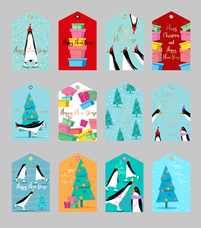 Collection of cute Christmas and New Year ready-to-use gift tags in a flat style. Vector seasonal badge design. Set of gift cards with skating penguins, gifts and decorated Christmas tree.のイラスト素材