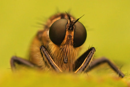 Frontal extreme macro on a hairy robberfly Eutolmus rufibarbis sitting on a green leaf in the forest