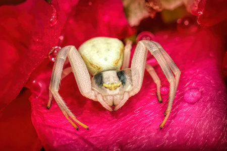 Frontal detailed colorful closeup on a white crab spider, Misumen vatia, hiding in side a red roseの写真素材