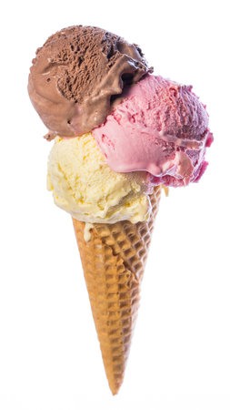 Bag of ice cream with 3 scoops of sweet ice cream (vanilla ice cream, chocolate ice cream,...
