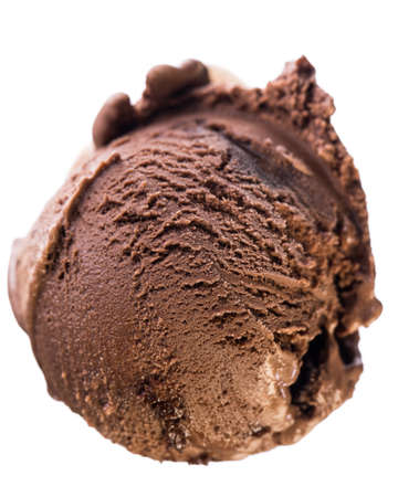 Single scoop of chocolate - brownie ice cream isolated on white background - birds eyes view. Real edible ice cream isolated on white background, no artificial ingredients used.の写真素材
