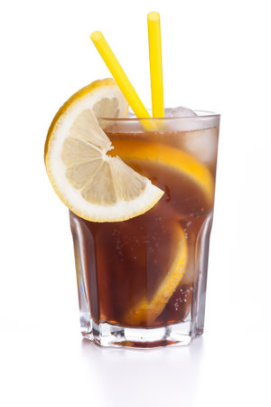 Cuba Libre with yellow straw isolated on white background. Real edible cocktails isolated on white background - no artificial ingredients used.の写真素材