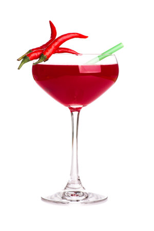 An exceptional red cocktail with chilli. Real edible cocktails isolated on white background - no artificial ingredients used.の写真素材