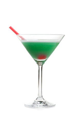 LUST - A green cocktail with cherry isolated on white background. Real edible cocktails isolated on white background - no artificial ingredients used.の写真素材