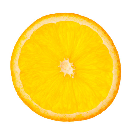 A slice of orange isolated on white background. Real edible fruit and vegetable. Cutted to half or slices isolated on white background,の写真素材