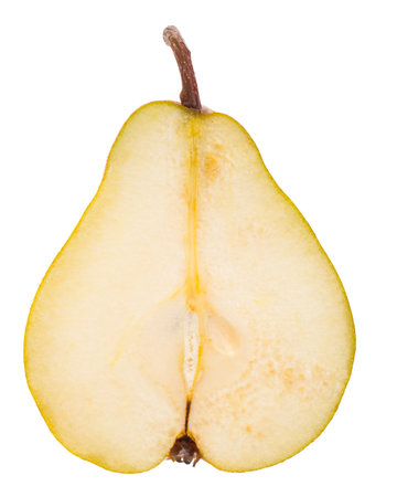 real fruits: Inside of a half pear on white background. Real edible fruit and vegetable. Cutted to half or slices isolated on white background,の写真素材
