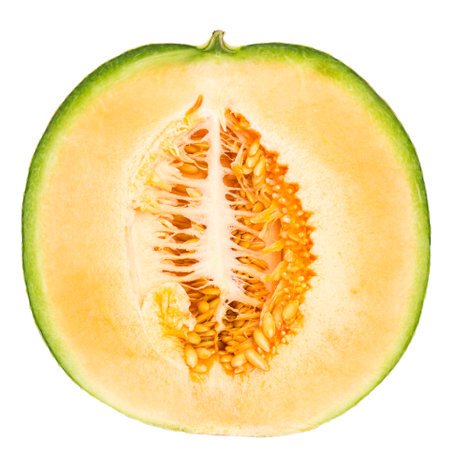 Half melon isolated on white background. Real edible fruit and vegetable. Cutted to half or slices isolated on white background,の写真素材