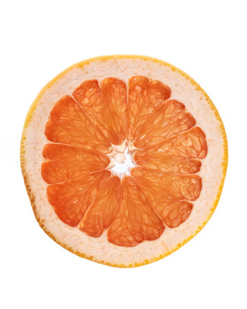 inner details of grapefruit slice isolated on white background. Real edible fruit and vegetable. Cutted to half or slices isolated on white background,の写真素材
