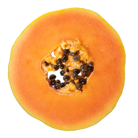 Papaya fruit - cutted slice isolated on white background. Real edible fruit and vegetable. Cutted to half or slices isolated on white background,の写真素材
