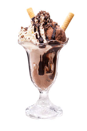 A bowl of chocolate ice cream with waffles and chocolate sauceの写真素材