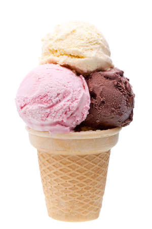 An ice cream cone with three different scoops of ice cream isolated on white backgroundの写真素材