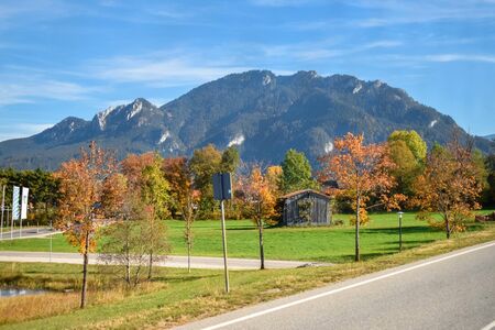 Road in village with yellow trees on a background of mountains in the Alpsの写真素材