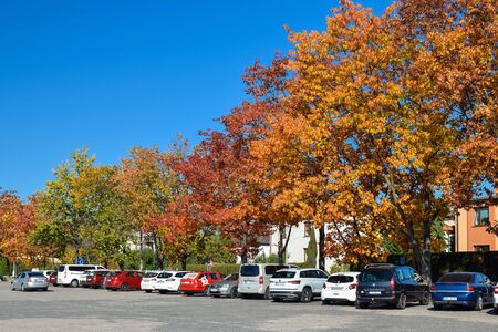PRAGUE, CZECH REPUBLIC - OKTOBER 11, 2018: Colorful trees in a car park in Germany in autumn morningのeditorial素材