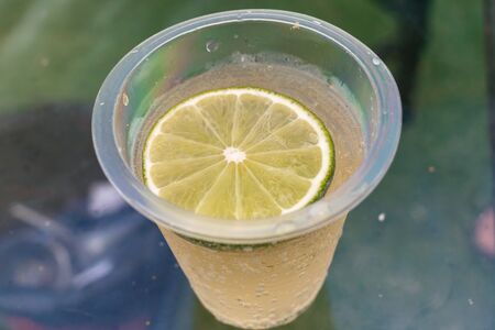 Slice of green lime in transparent glass with waterの写真素材