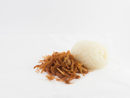 shredded pork with Sticky rice on white backgroundの写真素材