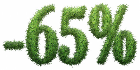 -65% sign, made of grass. isolated on a white background. 3D illustrationの写真素材
