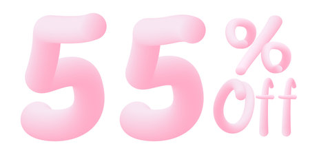55 percent off Numbers made of chewing gum. Bubble gum sign. isolated on white background. Vector 3d font. Design template for big sale / special offer / advertisingのイラスト素材