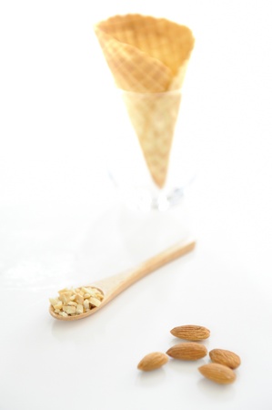 almond and wooden spoonの写真素材