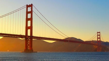 Golden Gate Bridge view from Fort Point in sun set scence, San Francisco の写真素材
