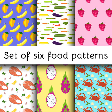 Set of vector seamless pattern with different foods. Great for healthy life, vegetarian, cookery concept.のイラスト素材