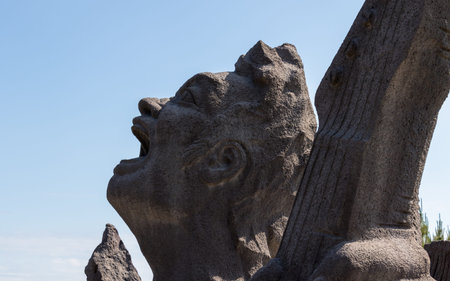 Head of Music Monument Akamizu Tembo Hiroba of Tsuyoshi Nagabuchi build from Lava. Near the Vulcan...