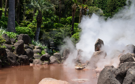 Panorama of famous geothermal hot springs, called Jigoku Meguri, engl. hell tour, in Beppu, Oita Prefecture, Japan, Asia.の写真素材