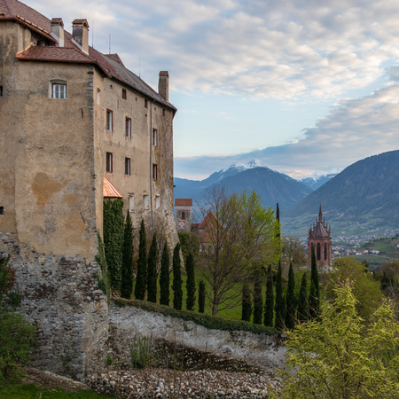 Detail view on Castle Schenna (Scena) near Meran during sunset. Schenna, Province Bolzano, South Tyrol, Italy.のeditorial素材