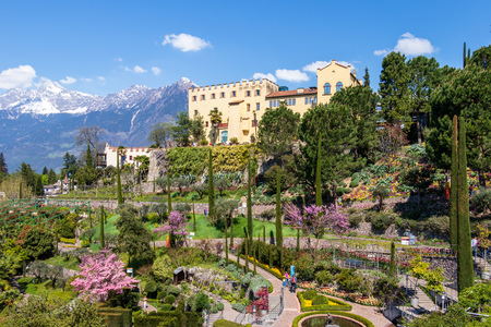 Panoramic view on Castle and botanical gardens of Trauttmansdorff in a Alps landscape of Meran. Merano, Province Bolzano, South Tyrol, Italy.のeditorial素材