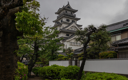 Detail view on Imabari Water Castle inside beautiful green landscape. Imabari, Ehime Prefecture, Japan.のeditorial素材