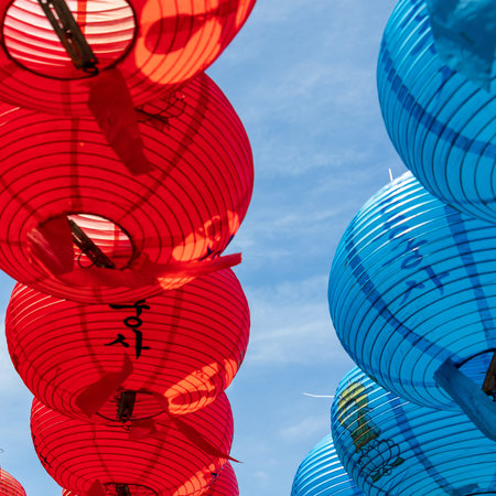 Close up of beautiful paper lanterns. The festival celebrate the birthday of Buddha in South Korea.の写真素材