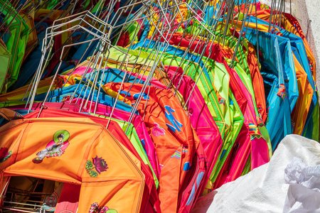 Close up of many folded painted paper lanterns after the festival to celebrate the birthday of Buddha in South Korea. Guinsa Temple, Danyang, South Korea.の写真素材