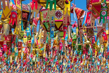 Close up of many of beautiful paper lanterns for festival to celebrate the birthday of Buddha in South Korea. Guinsa Temple, Danyang, South Korea.の写真素材